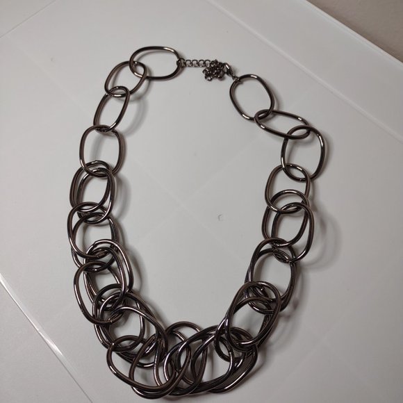 Dark Silver Tone Large Link Necklace Adjustable 26 To 26 Inches Long - Picture 2 of 10